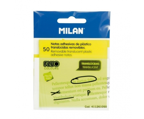 50 NOTAS ADHESIVAS REMOVIBLES MILÍN TRANSLÍšCIDAS AMARILLO FLUO 411261050