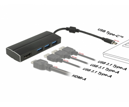 ADAPTADOR DELOCK USB 3.1 GEN 1 USB TYPE-C A CONCENTRADOR 3 USB 3.0 TIPO-A 1 HDMI 4K 30H 63931 