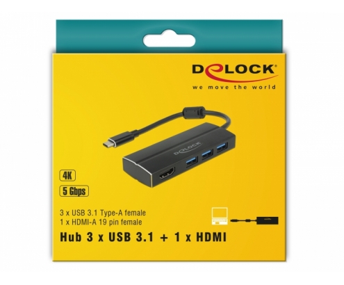 ADAPTADOR DELOCK USB 3.1 GEN 1 USB TYPE-C A CONCENTRADOR 3 USB 3.0 TIPO-A 1 HDMI 4K 30H 63931 