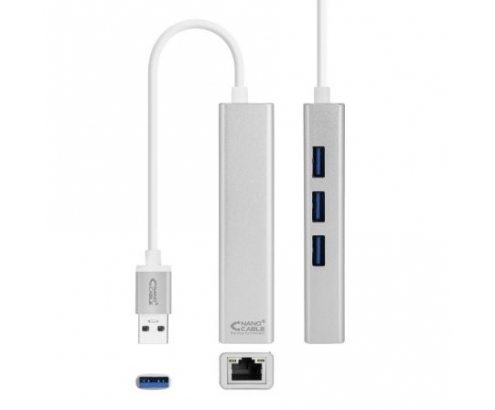 ADAPTADOR USB-C A ETHERNET GIGABIT NANOCABLE USB-C MACHO RJ45 HEMBRA 3XUSB 3.0 HEMBRA 15CM PLATA 10.03.0404