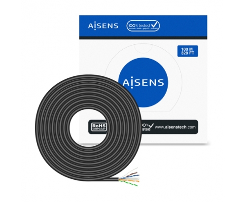 AISENS Cable de Red Exterior Impermeable RJ45 Cat.6 UTP RÍ­gido CCA AWG23, Negro, 100M