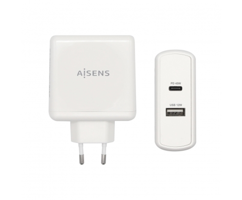 AISENS Cargador 57 W, 1x USB-C PD3.0 45 W, 1x USB-A 5 V / 2.4 A 12 W, Blanco