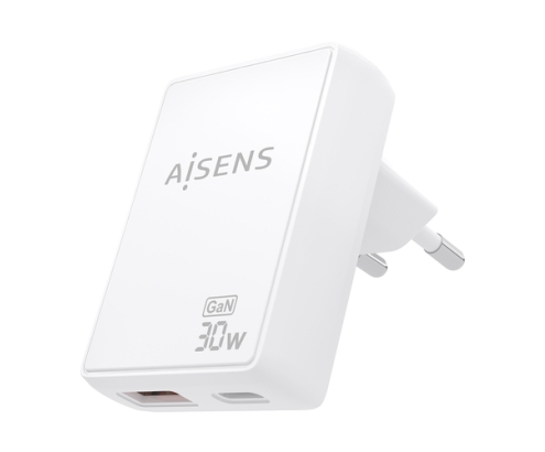 AISENS Cargador De Pared GaN Ultra Delgado 30W, 1xUSB-C PD3.0 QC4.0, 1xUSB-A QC3.0, Blanco
