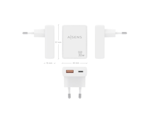 AISENS Cargador De Pared GaN Ultra Delgado 30W, 1xUSB-C PD3.0 QC4.0, 1xUSB-A QC3.0, Blanco