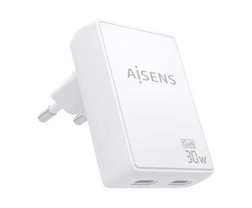 AISENS Cargador De Pared GaN Ultra Delgado 30W, 2xUSB-C PD3.0 QC4.0, Blanco