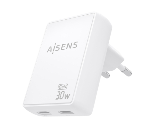 AISENS Cargador De Pared GaN Ultra Delgado 30W, 2xUSB-C PD3.0 QC4.0, Blanco