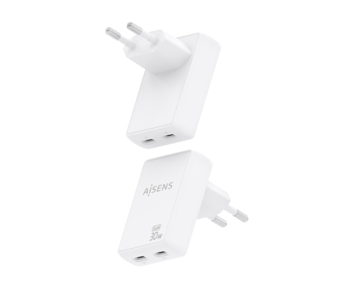 AISENS Cargador De Pared GaN Ultra Delgado 30W, 2xUSB-C PD3.0 QC4.0, Blanco