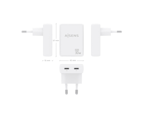 AISENS Cargador De Pared GaN Ultra Delgado 30W, 2xUSB-C PD3.0 QC4.0, Blanco