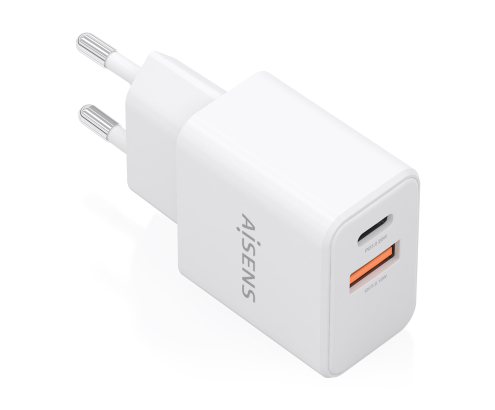AISENS Cargador GaN 20W, 1xUSB-C PD3.0, 1xUSB-A QC3.0, Blanco
