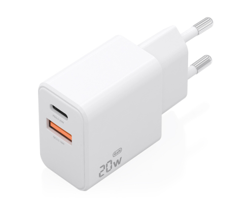 AISENS Cargador GaN 20W, 1xUSB-C PD3.0, 1xUSB-A QC3.0, Blanco