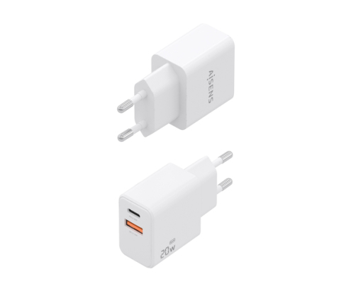AISENS Cargador GaN 20W, 1xUSB-C PD3.0, 1xUSB-A QC3.0, Blanco