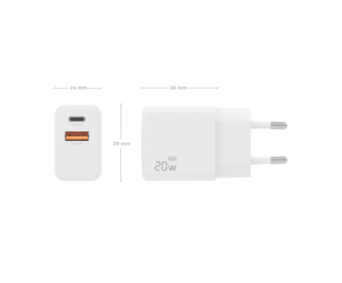 AISENS Cargador GaN 20W, 1xUSB-C PD3.0, 1xUSB-A QC3.0, Blanco