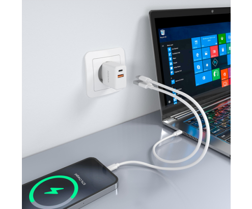 AISENS Cargador GaN 20W, 1xUSB-C PD3.0, 1xUSB-A QC3.0, Blanco