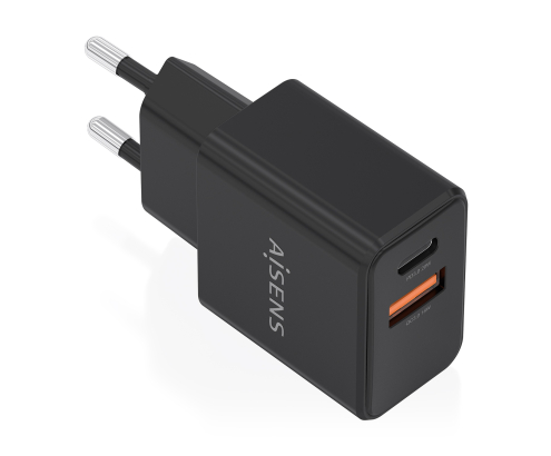 AISENS Cargador GaN 20W, 1xUSB-C PD3.0, 1xUSB-A QC3.0, Negro