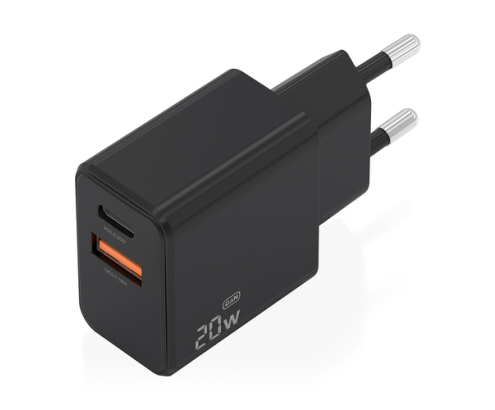 AISENS Cargador GaN 20W, 1xUSB-C PD3.0, 1xUSB-A QC3.0, Negro