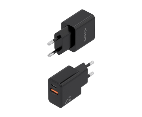 AISENS Cargador GaN 20W, 1xUSB-C PD3.0, 1xUSB-A QC3.0, Negro