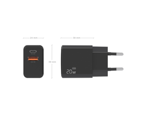 AISENS Cargador GaN 20W, 1xUSB-C PD3.0, 1xUSB-A QC3.0, Negro