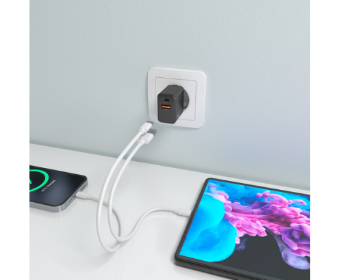 AISENS Cargador GaN 20W, 1xUSB-C PD3.0, 1xUSB-A QC3.0, Negro