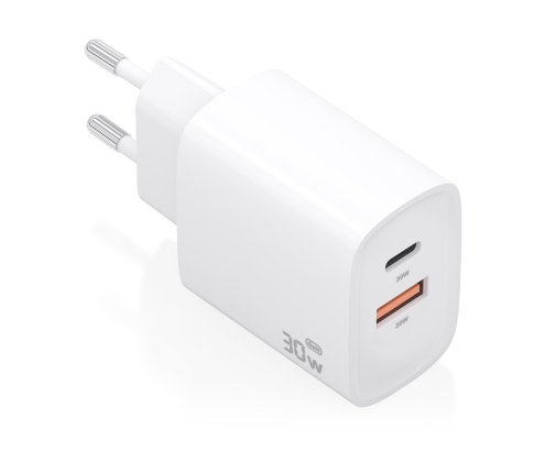 AISENS Cargador GaN 30W, 1xUSB-C PD3.0 QC4.0, 1xUSB-A QC3.0, Blanco