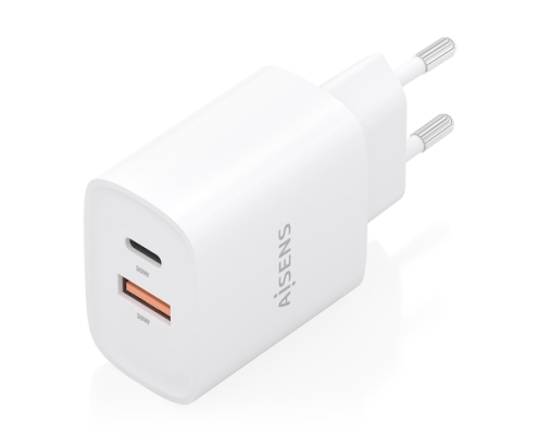 AISENS Cargador GaN 30W, 1xUSB-C PD3.0 QC4.0, 1xUSB-A QC3.0, Blanco