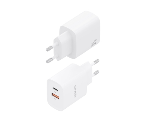 AISENS Cargador GaN 30W, 1xUSB-C PD3.0 QC4.0, 1xUSB-A QC3.0, Blanco