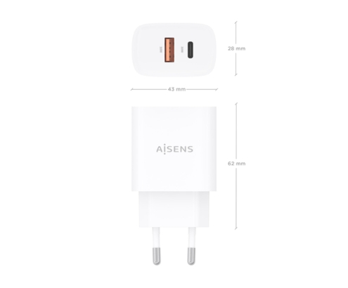 AISENS Cargador GaN 30W, 1xUSB-C PD3.0 QC4.0, 1xUSB-A QC3.0, Blanco