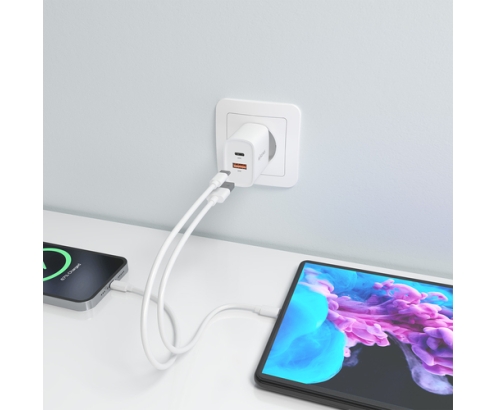 AISENS Cargador GaN 30W, 1xUSB-C PD3.0 QC4.0, 1xUSB-A QC3.0, Blanco