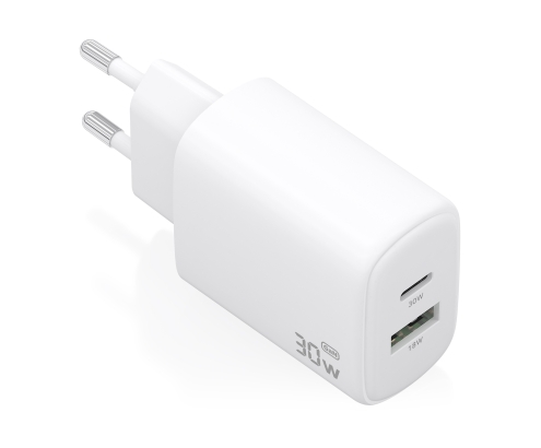 AISENS Cargador GaN 30W, 1xUSB-C PD3.0 QC4.0, 1xUSB-A QC3.0, Blanco