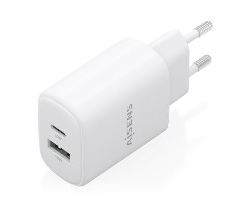 AISENS Cargador GaN 30W, 1xUSB-C PD3.0 QC4.0, 1xUSB-A QC3.0, Blanco
