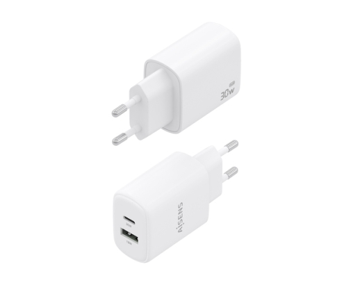 AISENS Cargador GaN 30W, 1xUSB-C PD3.0 QC4.0, 1xUSB-A QC3.0, Blanco