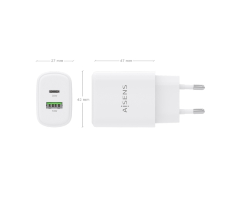 AISENS Cargador GaN 30W, 1xUSB-C PD3.0 QC4.0, 1xUSB-A QC3.0, Blanco