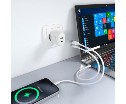 AISENS Cargador GaN 30W, 1xUSB-C PD3.0 QC4.0, 1xUSB-A QC3.0, Blanco
