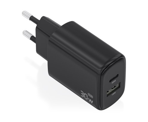 AISENS Cargador GaN 30W, 1xUSB-C PD3.0 QC4.0, 1xUSB-A QC3.0, Negro