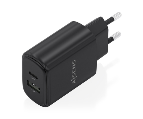 AISENS Cargador GaN 30W, 1xUSB-C PD3.0 QC4.0, 1xUSB-A QC3.0, Negro