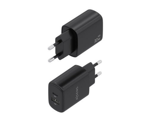AISENS Cargador GaN 30W, 1xUSB-C PD3.0 QC4.0, 1xUSB-A QC3.0, Negro