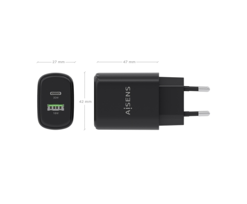 AISENS Cargador GaN 30W, 1xUSB-C PD3.0 QC4.0, 1xUSB-A QC3.0, Negro
