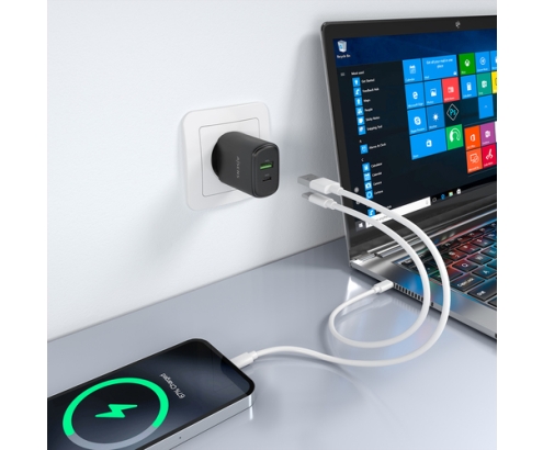 AISENS Cargador GaN 30W, 1xUSB-C PD3.0 QC4.0, 1xUSB-A QC3.0, Negro
