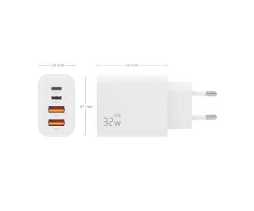 AISENS Cargador GaN 32W, 2xUSB-C PD3.0, 2xUSB-A, Blanco