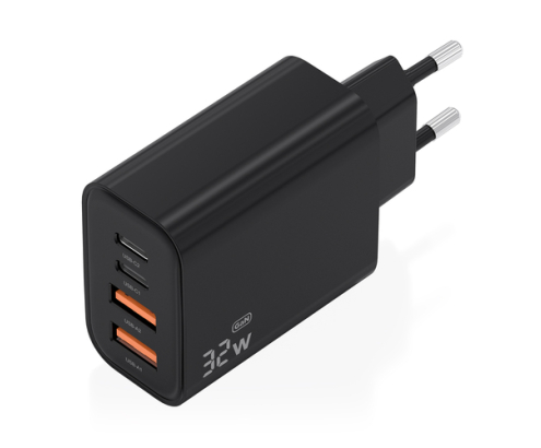 AISENS Cargador GaN 32W, 2xUSB-C PD3.0, 2xUSB-A, Negro