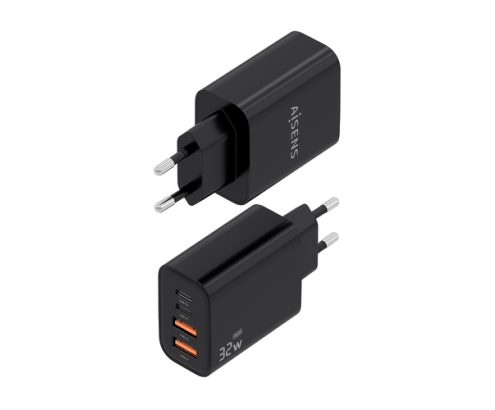 AISENS Cargador GaN 32W, 2xUSB-C PD3.0, 2xUSB-A, Negro