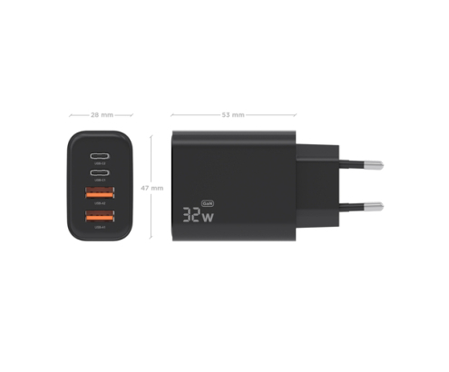 AISENS Cargador GaN 32W, 2xUSB-C PD3.0, 2xUSB-A, Negro