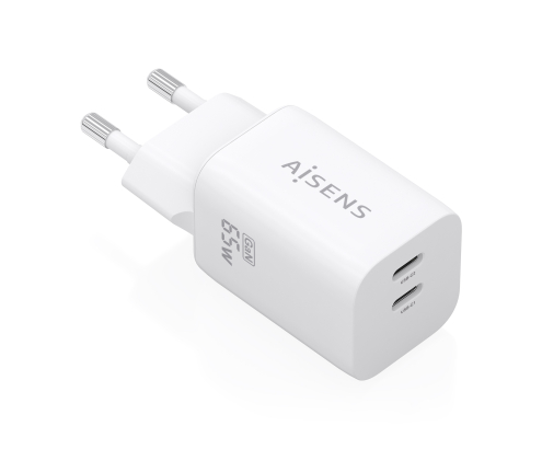 AISENS Cargador GaN 65W, 2xUSB-C PD3.0 QC4.0, Blanco