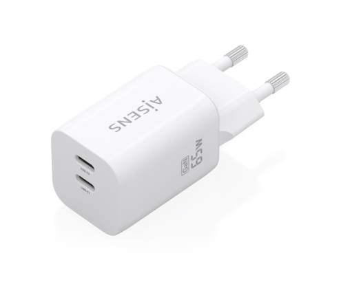 AISENS Cargador GaN 65W, 2xUSB-C PD3.0 QC4.0, Blanco