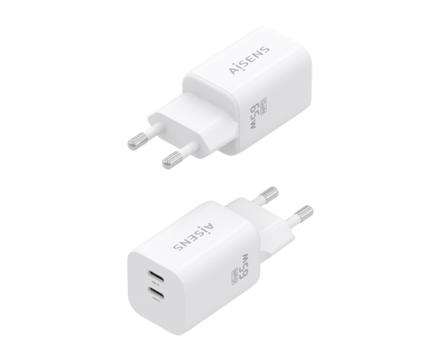 AISENS Cargador GaN 65W, 2xUSB-C PD3.0 QC4.0, Blanco