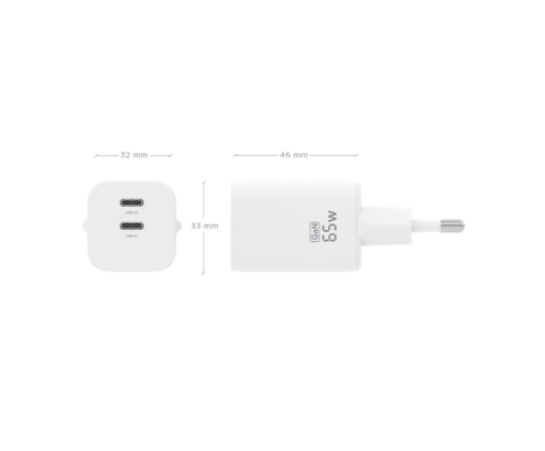 AISENS Cargador GaN 65W, 2xUSB-C PD3.0 QC4.0, Blanco