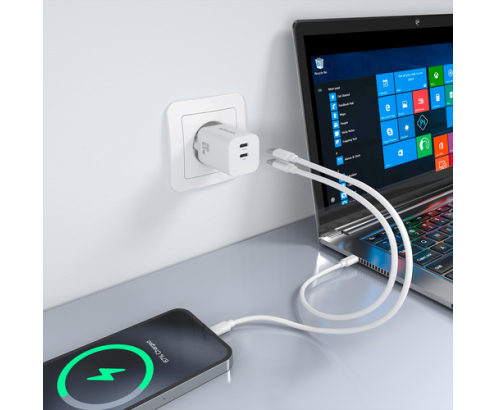 AISENS Cargador GaN 65W, 2xUSB-C PD3.0 QC4.0, Blanco