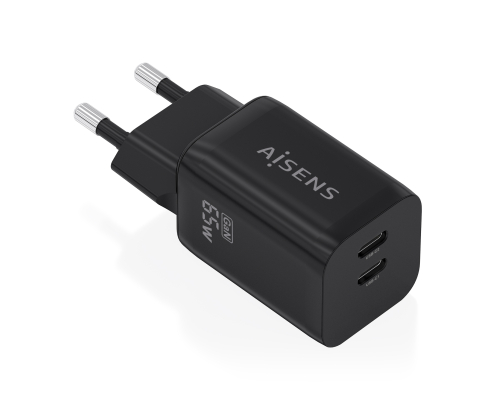 AISENS Cargador GaN 65W, 2xUSB-C PD3.0 QC4.0, Negro