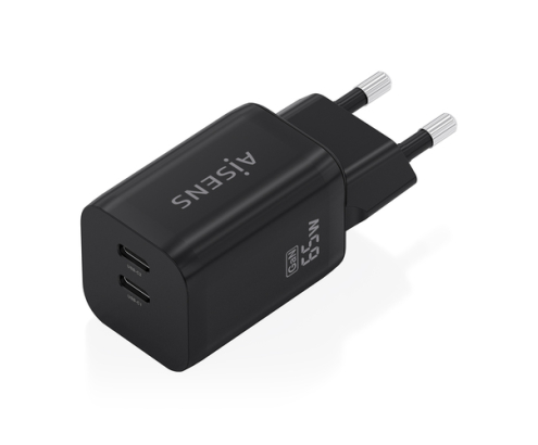 AISENS Cargador GaN 65W, 2xUSB-C PD3.0 QC4.0, Negro