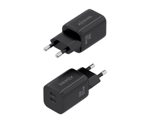 AISENS Cargador GaN 65W, 2xUSB-C PD3.0 QC4.0, Negro