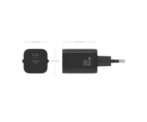 AISENS Cargador GaN 65W, 2xUSB-C PD3.0 QC4.0, Negro